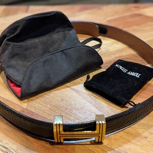 TERRY STACK Black Croc Leather Belt Gold Removable Buckle Women M